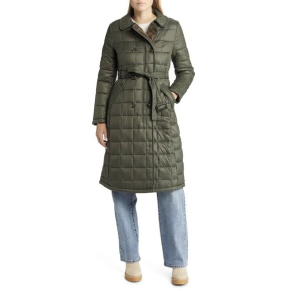 NWT Sam Edelman Women's Quilted Faux Fur Lined Trench Coat Olive Green, size L - Picture 1 of 13